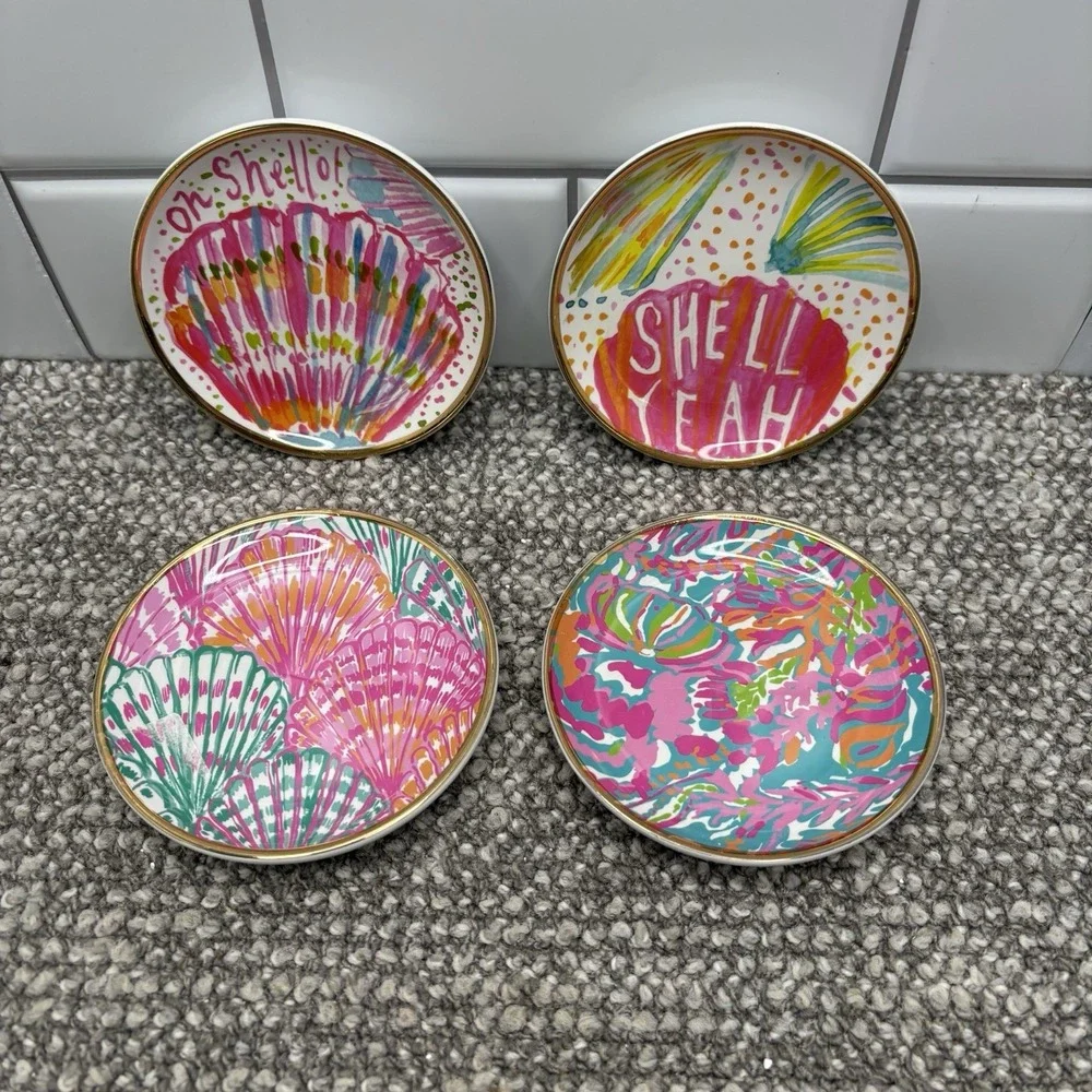 Lilly Pulitzer Coasters Beach Ocean Theme Neon Colors 4 Inches‎ Gold Trim